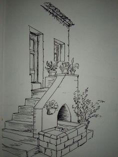 a drawing of steps leading up to a house with potted plants on each step