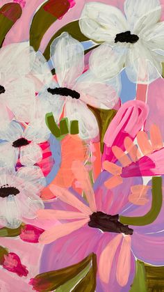 an abstract painting of white and pink flowers