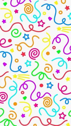 a colorful pattern with stars, swirls and circles on a white background for wallpaper