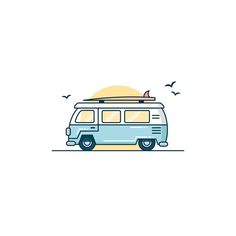 an image of a van with surfboards on the roof and birds in the background