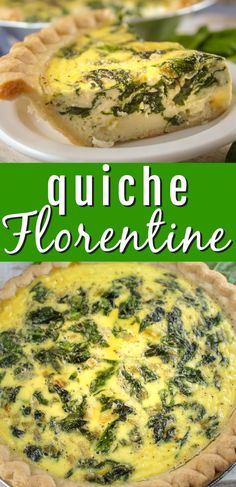 quiche florentine with spinach and cheese in the middle on a white plate