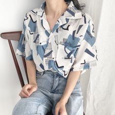 *Free Shipping*RETRO BLOUSE on Storenvy Casual Patterned Summer Blouse, Casual Summer Blouse With Graphic Print, Summer Casual Blouse With Graphic Print, Casual Collared Patterned Tops, Trendy Blue Top With Abstract Print, Trendy Blue Abstract Print Top, Casual Collared Blouse With Abstract Print, Blue Collared Tops For Summer, Blue Summer Tops With Collar