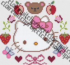 a cross stitch hello kitty with flowers and hearts