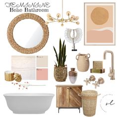 a bathroom design board with gold accents and neutrals, including an oval mirror, tub, sink, toilet paper holder, planter, soap dispenser