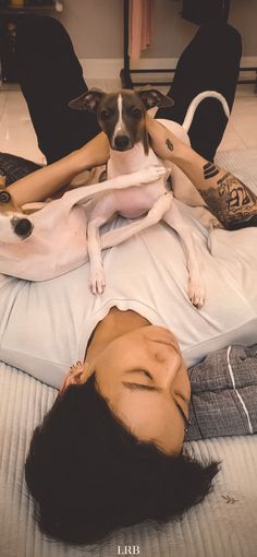 a man laying on top of a bed next to a dog