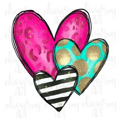 two hearts with gold dots and pink, blue and black heart shapes on white background