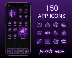 the purple neon icons are displayed on an iphone