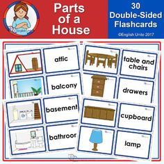 the parts of a house flash cards are shown in red and blue with white letters