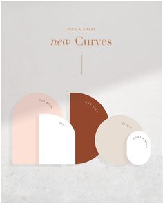 the new curves poster is shown in three different colors and sizes, including brown, pink,