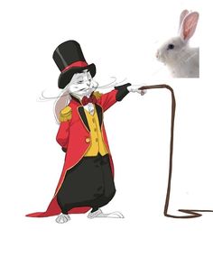 a white rabbit in a red coat and top hat holding a whip with its tail