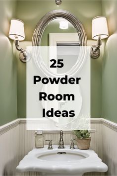 25 Powder Room Ideas displayed over a sink and mirror in a small, elegantly decorated bathroom. Powder Restroom Ideas, Tiny Half Bath Decor, Elegant Powder Room Luxury, Powder Room Storage Ideas, Elegant Powder Room Ideas, Small Powder Room Decor, Half Bath Decor Ideas, Small Powder Room Design, Powder Room Storage