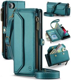 an open wallet case with multiple compartments and zippers on the inside, in teal blue