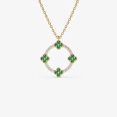 Emerald Necklace / Clover Necklace / Emerald and Diamond Pendant in 14k Gold / Layering Necklace / Emerald Stacking Pendant / May Birthstone ▶ Details   * Made to Order * Gold Kt: 14K (also available in 18K) * Available Gold Colors: Rose Gold, Yellow Gold, White Gold * Length & Width: 15.5MM * Round Diamond: 16 Pc 1.1 MM * Round Emerald: 16 Pc 1.3 MM * Diamond Color & Clarity: G Color SI Clarity * Diamond Ctw: 0.12 * Emerald Ctw: 0.18 ctw * Ready to Ship in 7-10 Business Days ▶ See more of our Ruby Jewelry - https://etsy.me/3XbNleY ▶ See our storefront here - http://etsy.me/2lUcVnH  ▶ All store sections here  Diamond Rings - http://etsy.me/2lwKUl8  * Diamond Earrings - http://etsy.me/2lyqVBP  * Diamond Necklace - http://etsy.me/2mqa6O1  * Diamond Bracelets - http://etsy.me/2mVrAB5  * Diamo Exquisite Green Necklace With Brilliant Cut, Fine Jewelry Emerald Necklaces With Diamond Accents, Diamond Emerald Pendant Necklace, Diamond Necklace With Jewels, Elegant Emerald Necklace In Yellow Gold With Jewels, Fine Jewelry White Gold Necklace With Jewels, White Gold Diamond Pendant Necklace With Jewels, White Gold Jeweled Fine Necklaces, Elegant Yellow Gold Emerald Necklace With Jewels