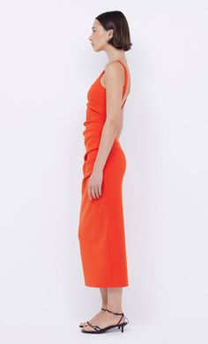 Cut from a stretch bonded crepe, the BEC + BRIDGE Karina Midi Dress skims the body and cinches in the waist. The midi dress features a flattering square neckline and thin straps, complemented by side-tuck detailing. Bec Bridge, Prom Dress Shopping, New Pant, Brides And Bridesmaids, Red Fire, New Tops, Guest Dresses, Square Neckline, The Body