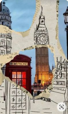 a collage of photos with the big ben clock tower in the background and an old telephone booth