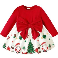 Christmas Print Infant Dress. Comfortable Soft Fabric. Stretchy Soft Red Upper Featuring A Big Beautiful Bow And Flowy Christmas Bottom Skirt. One Piece Dress. Long Sleeve Dresses Fall, Christmas Dress Baby, Baby Party Dress, Girls Christmas Dresses, Newborn Dresses, Baby Outfits