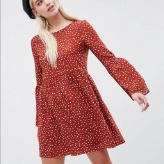 Dress By Asos Design All-Over Dot Print It's Spot On Round Neck Fluted Sleeves Regular Fit Not Too Loose, Not Too Tight Lightly Textured Woven Fabric It's Got A Little Give Main: 96% Polyester, 4% Spandex. Never Worn And In Perfect Condition! Long Sleeve Polka Dot Dress For Spring, Long Sleeve Polka Dot Mini Dress For Spring, Polka Dot Casual Mini Dress For Fall, Casual Polka-dotted Mini Dress For Fall, Casual Polka Dot Mini Dress For Fall, Casual Mini Dress With Polka Dots For Fall, Long Sleeve Polka Dot Floral Dress, Fall Polka Dot Mini Dress, Coat Dresses