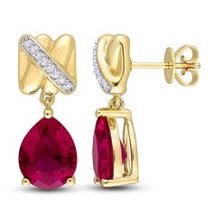 Mesmerizing pear-shaped lab-created ruby gemstone dangles hang elegantly in these glamorous women's dangle earrings. 14K Yellow Gold 1/15 carat round diamonds Pear-cut lab-created ruby Brilliant round diamond swaths embellish the posts to complete the look From the Y-Knot collection Jared The Galleria Of Jewelry, Knot Earrings, Ruby Earrings, Gemstone Studs, Ruby Gemstone, Emerald Gemstone, Oval Diamond, Pear Cut, Pear Shaped