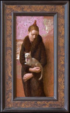 a painting of a woman holding a cat