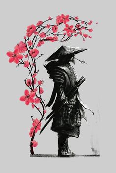 a drawing of a person with a hat and umbrella standing next to a flowering tree