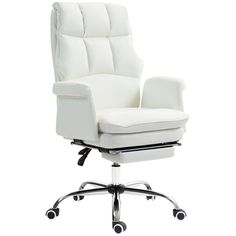 a white office chair with wheels on the back and seat upholstered in leather