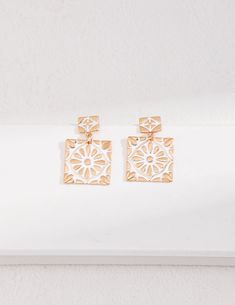 Square Drop Earrings with Enamel Glaze - floysun Square Pendant, Filigree Design, Gold Filigree, Recycled Gold, Silver Enamel, Recycled Sterling Silver, Square Design, White Enamel, Vintage Charms