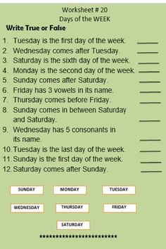 a worksheet for the day of the week with words and numbers on it