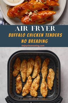 air fryer buffalo chicken tenders with no breading on the side, and an image of buffalo chicken tenders