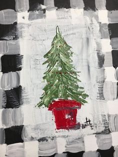 an acrylic painting of a christmas tree in a red pot on a black and white checkered background