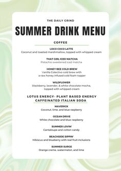 the summer drink menu is shown in green and white