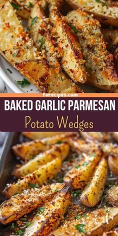 baked garlic parmesan potato wedges on a plate