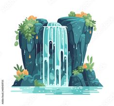 an illustration of a waterfall in the middle of some rocks and water with plants growing out of it