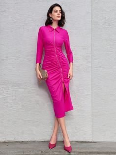 Zip Front Pleated Detail High Slit Hem Dress Ruched Dress Hot Pink Elegant  Three Quarter Length Sleeve Knitted Fabric Plain Bodycon Medium Stretch  Women Clothing, size features are:Bust: ,Length: ,Sleeve Length: Running Hairstyles, Women Midi, Style Mistakes, Ruched Dress, Hem Dress, Womens Midi Dresses, Kids Beachwear, Dress P, Women Clothes Sale