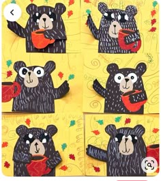 four pictures of bears with coffee cups in their hands, and one bear holding a cup