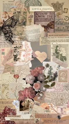 a collage with many different types of papers and flowers on it's surface