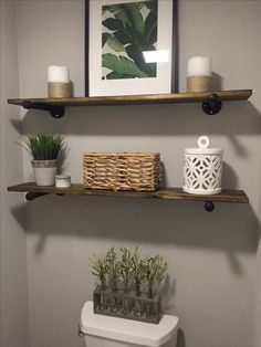 a bathroom with two shelves above the toilet and some plants on the shelf next to it