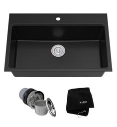 an image of a black kitchen sink and accessories