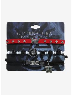 three bracelets with charms on them and the words supernatural in white, black and red