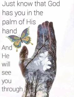 a hand holding a butterfly with the words just know that god has you in the palm of his hand and he will see you through him