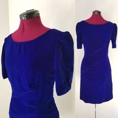 "ERA 1980s DESIGNER Unknown/Not Labeled  COLOR Blue MATERIALS Unknown SIZE Labeled Size: Unknown 💋Vintage Sizes are NOT Comparable to Modern Sizes Please compare our measurements listed with your own to ensure proper fit! MEASUREMENTS 💋Please ONLY Go off of the Measurements Provided to Ensure Proper Fit.  Bust 34\" Waist 28\" Hips 37\" Length 34.5\" DESCRIPTION  Soft Velvet Like Texture Zipper Back Enclosure  Gathered Fabric Waist Mini Dress Length CONDITION Grade: Great Vintage Condition  ⭐So Royal Blue Velvet Dress Mini, Blue Velvet Mini Dress, Gathered Fabric, 1980s Design, Velvet Mini Dress, Mini A, Go Off, Vestidos Vintage, Mini Velvet Dress