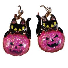 New Betsey Johnson Halloween Earrings. Black Cat On Top Of Pink Glitter Sparkling Pumpkin. Smoke Free Shipper. Pink Novelty Earrings For Party, Cute Halloween Party Jewelry, Purple Earrings For Halloween Party, Party Jewelry With Cat Design And Cat Ears, Party Jewelry With Cat Design, Novelty Purple Jewelry For Party, Witchy Halloween Party Earrings, Novelty Purple Party Jewelry, Purple Novelty Earrings For Party