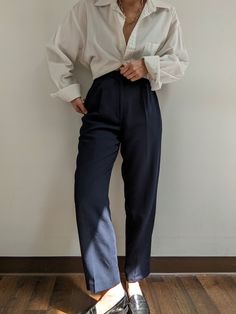 Midnight trousers in a smooth, lightweight fabric. Trousers have a petite, high-rise waist with side pockets & an inner lining. Tag reads Lord & Taylor Trouser Outfits, 2024 Style, Knit Outerwear, Pleated Trousers, Tapered Trousers, Line Shopping, Tapered Pants, Fashion Story, Dress Suits