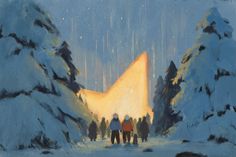 a painting of people walking in the snow