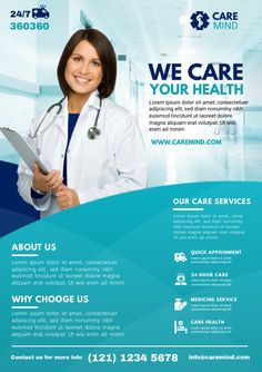 a blue and white medical flyer with a woman in scrubs holding a clipboard