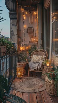 a balcony with wicker furniture and lights on the ceiling, surrounded by potted plants