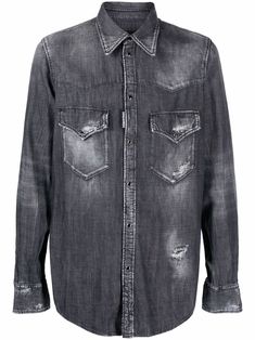 Black cotton dark-wash denim shirt from DSQUARED2 featuring washed denim, two chest patch pockets, long sleeves, front button fastening and classic collar. Black Denim Shirt, Denim Shirt Men, Denim Shirts, Cotton Shirts For Men, Men's Apparel, Suit Accessories, Washed Denim, Dark Wash Denim, Grey Cotton