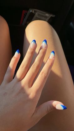 Blue french tips Blue Tip Gel Nails, Light And Dark Blue French Tip Nails, White And Blue French Tip Nails, Blue And White French Tips, Royal Blue French Tip Nails, French Acrylic Nail Designs, Blue French Tip Nails, Italy Nails, Monster Nails