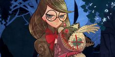 a girl with glasses holding a bird in her hand