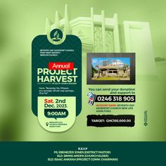 an advertisement for the annual project harvest and auction in front of a building with green background