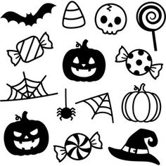 black and white silhouettes of halloween pumpkins, jack - o'- lanternes, candy